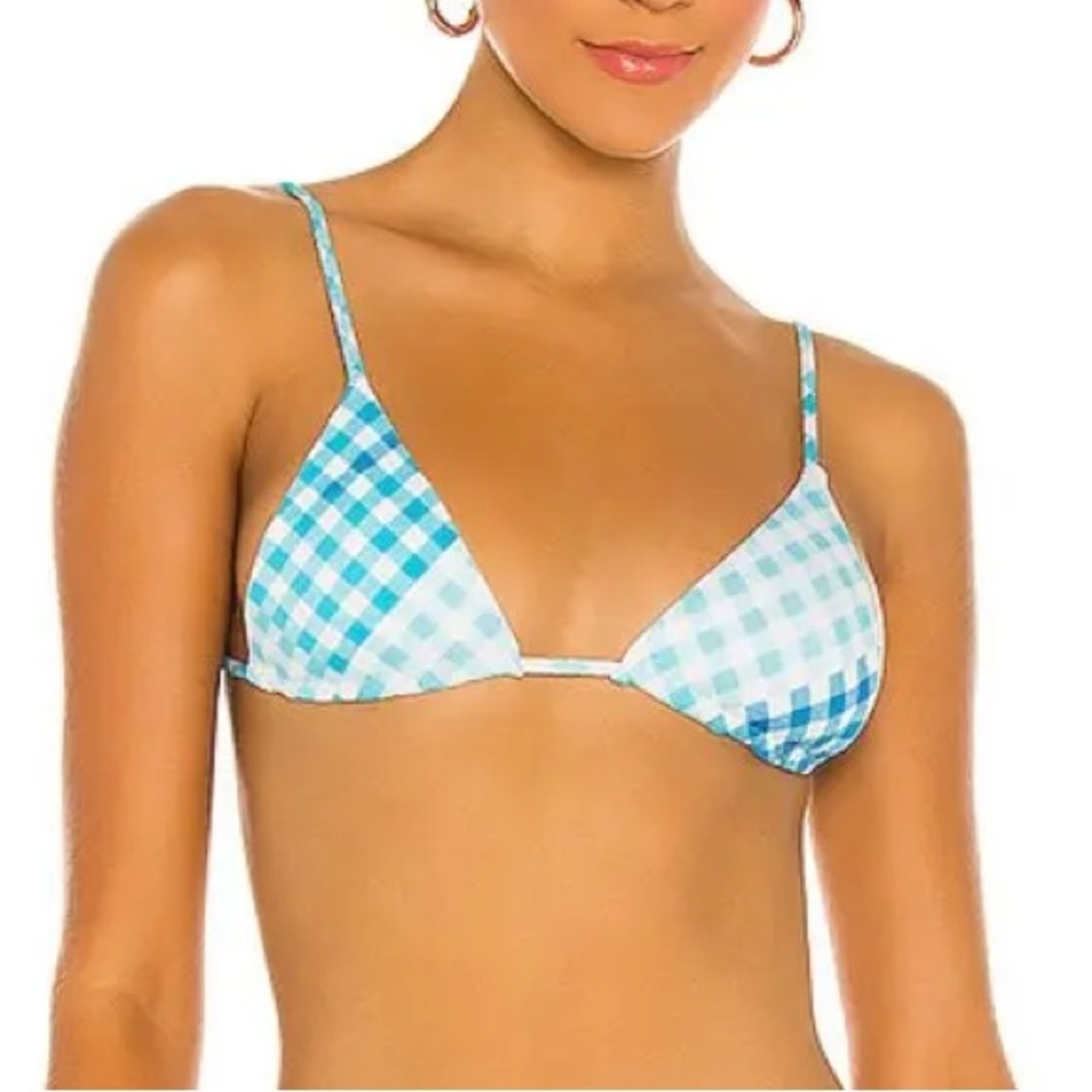 L*Space Brittany Gingham Adjustable Strap Bikini Top in Powder Baby Blue (L)
